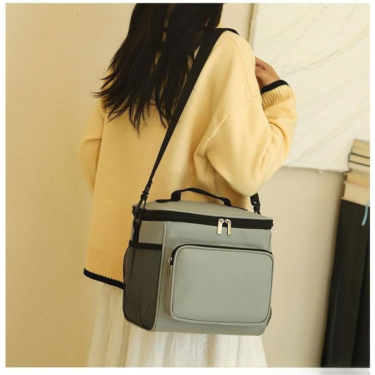 Geanta pentru Pranz, Flippy, Multifunctionala, Compartimentata, 2 Tipuri de Manere, Impermeabila, 26x24x17 cm, Gri [3]