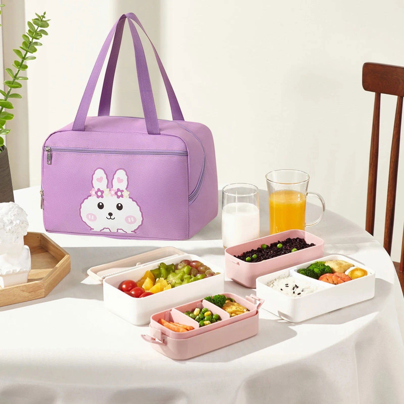 Geanta Termo-Izolanta, Flippy, Compartimente Telefon si Tacamuri, Multifunctionala, Impermeabila, 30x21x20 cm, Design Iepuras, Mov [5]