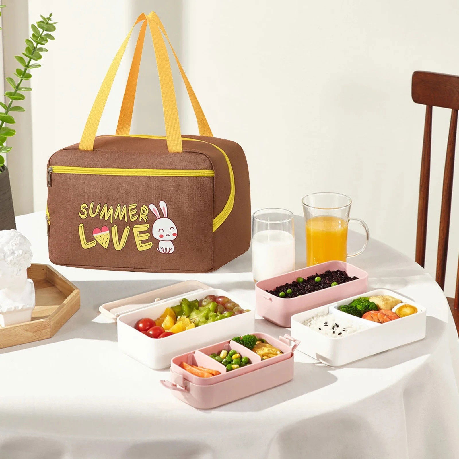 Geanta Termo-Izolanta, Flippy, Compartimente Telefon si Tacamuri, Multifunctionala, Impermeabila, 30x21x20 cm, Design Iepuras, Maro [5]