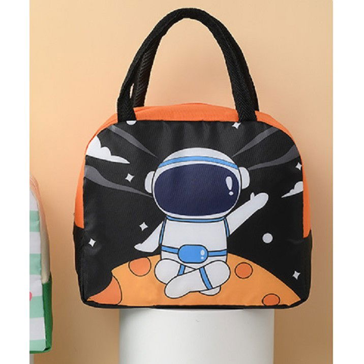 Geanta Termoizolanta pentru Copii, Flippy, 23x13x19 cm, Model Imprimeu Astronaut, din Folie de Aluminiu si Panza Oxford, Negru/Portocaliu [3]