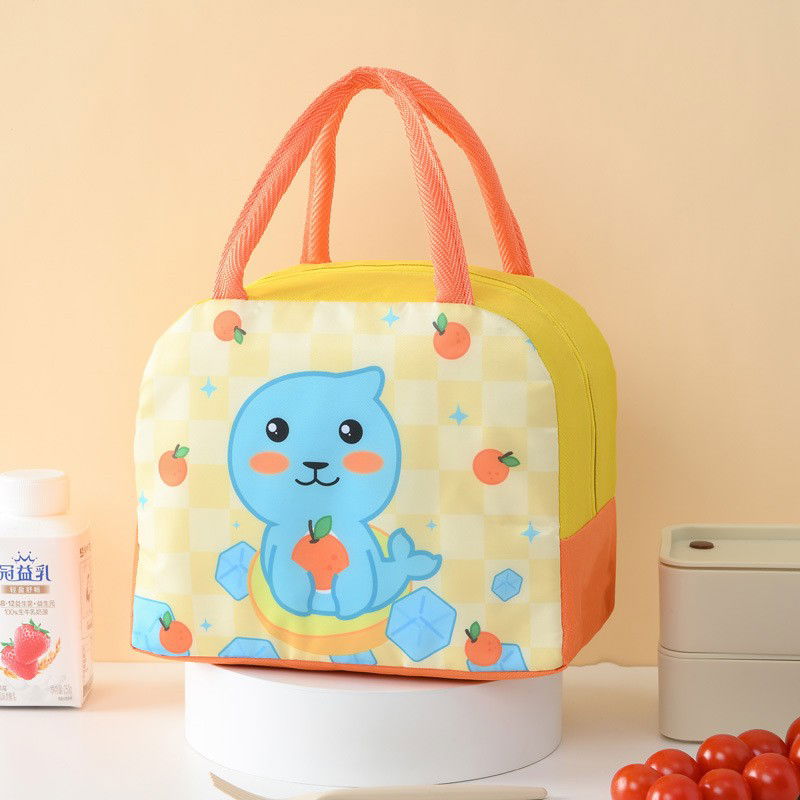 Geanta Termoizolanta pentru Copii, Flippy, 23x13x19 cm, Model Imprimeu Foca, din Folie de Aluminiu si Panza Oxford, Galben/Portocaliu [5]