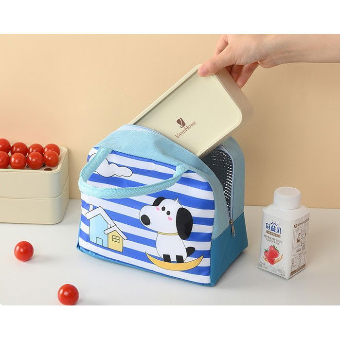 Geanta Termoizolanta pentru Copii, Flippy, 23x13x19 cm, Model Imprimeu Catel, din Folie de Aluminiu si Panza Oxford, Albastru/Alb [9]