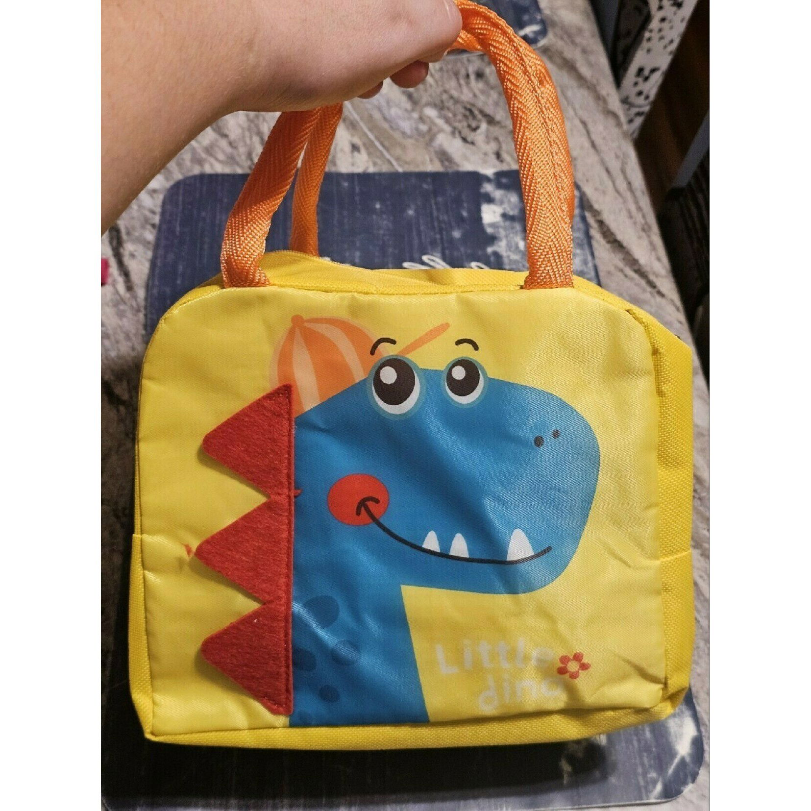 Geanta Termoizolanta pentru Copii, Flippy, 23x13x19 cm, Model Imprimeu Dinozaur, din Folie de Aluminiu si Panza Oxford, Albastru/Galben [7]