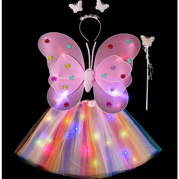 Costume si Deghizare - Costum Fluturas cu Aripi Modelabile Luminoase pentru Copii, Flippy, Fusta din Tul cu Lumini, Bagheta si Bentita, 4 piese, Pentru Halloween, Roleplay, Craciun, Carnaval, Paste, Ziua Copilului, Bumbac/P