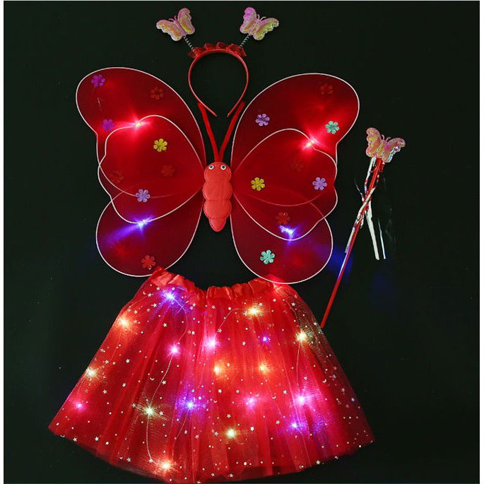 50 - 100 LEI - Costum Fluturas cu Aripi Modelabile Luminoase pentru Copii, Flippy, Fusta din Tul cu Lumini, Bagheta si Bentita, 4 piese, Pentru Halloween, Roleplay, Craciun, Carnaval, Paste, Ziua Copilului, Bumbac/P