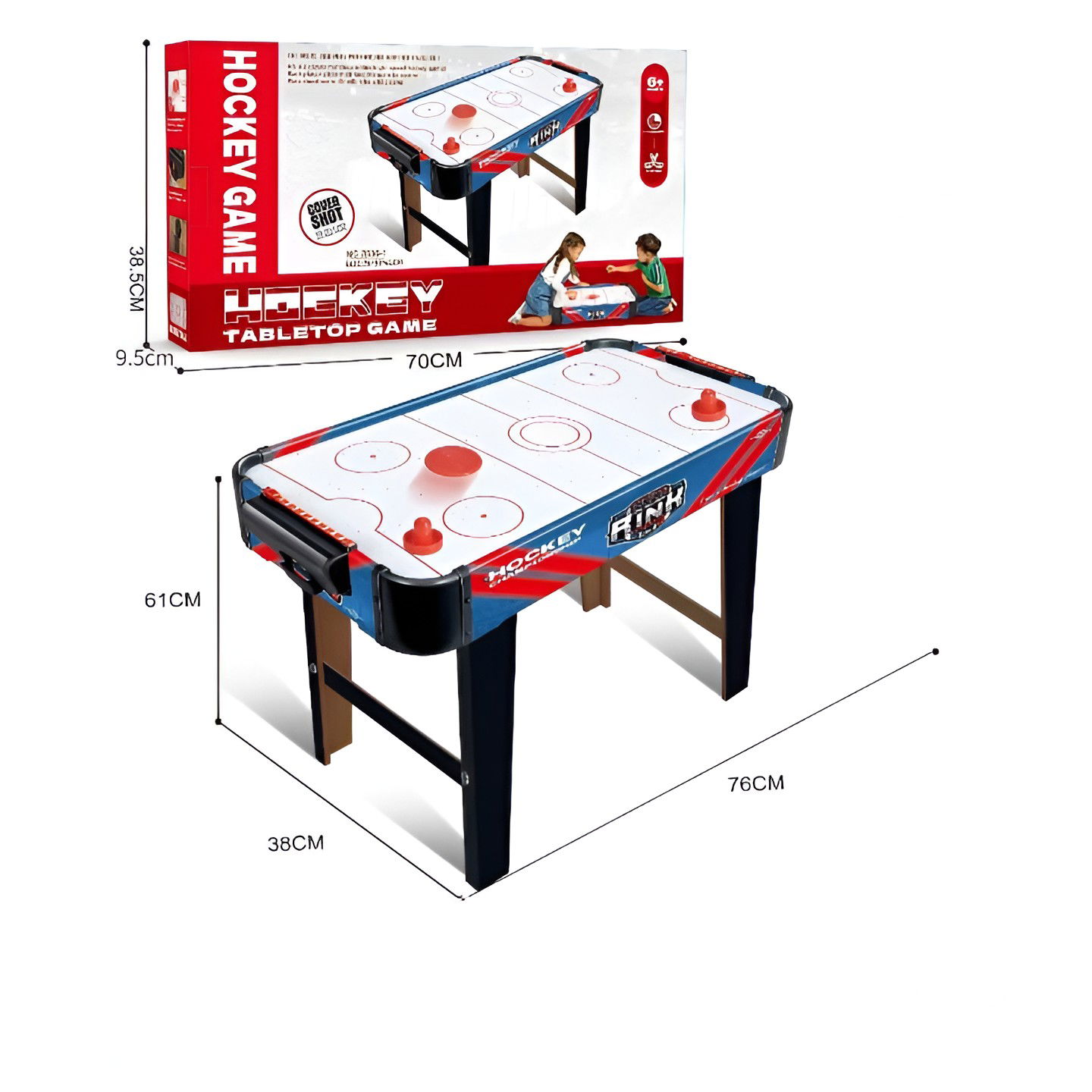 Jocuri de societate - Masa Air Hockey Graffiti cu Picioare Lungi, Flippy, PVC, 2 Pucuri, Tabela Scor, 2 Impingatoare, 76x38x61 cm, Albastru