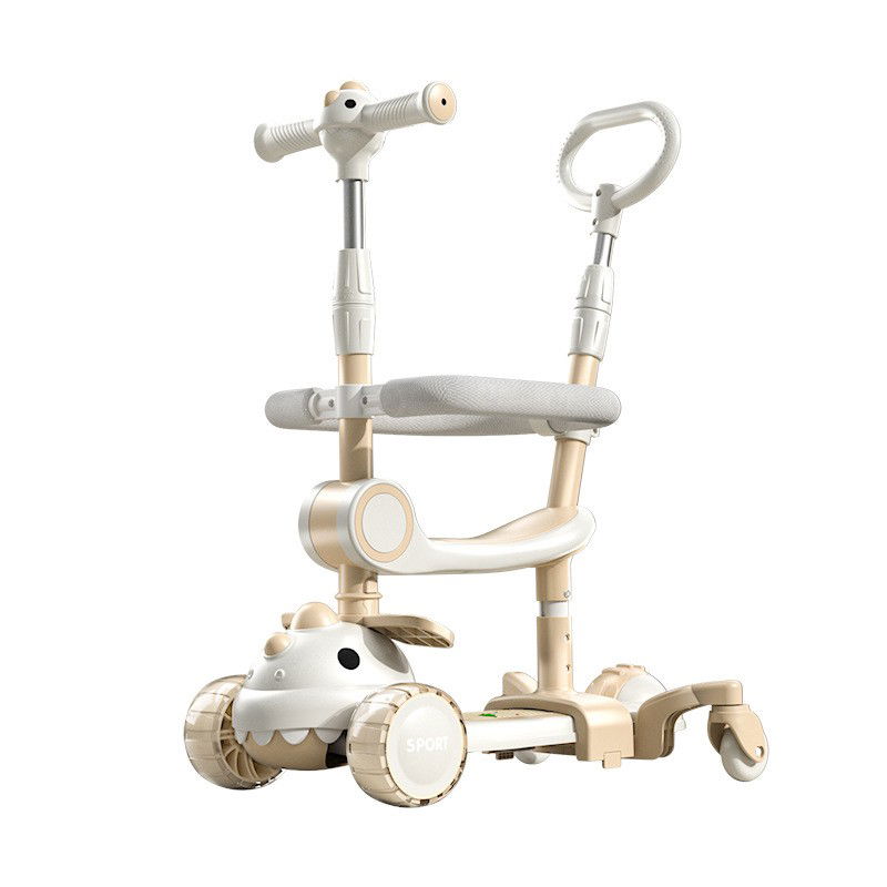 Masinute, Triciclete si Masinute Electrice - Trotineta Multifunctionala 6 in 1, Flippy, Pentru Copii De La 10 Luni Pana La 12 Ani, Cu Maner De Impingere, Reglabil 360, Pliere Usoara, Reglarea Inaltimii, Model Dinozaur, Alb/Bej