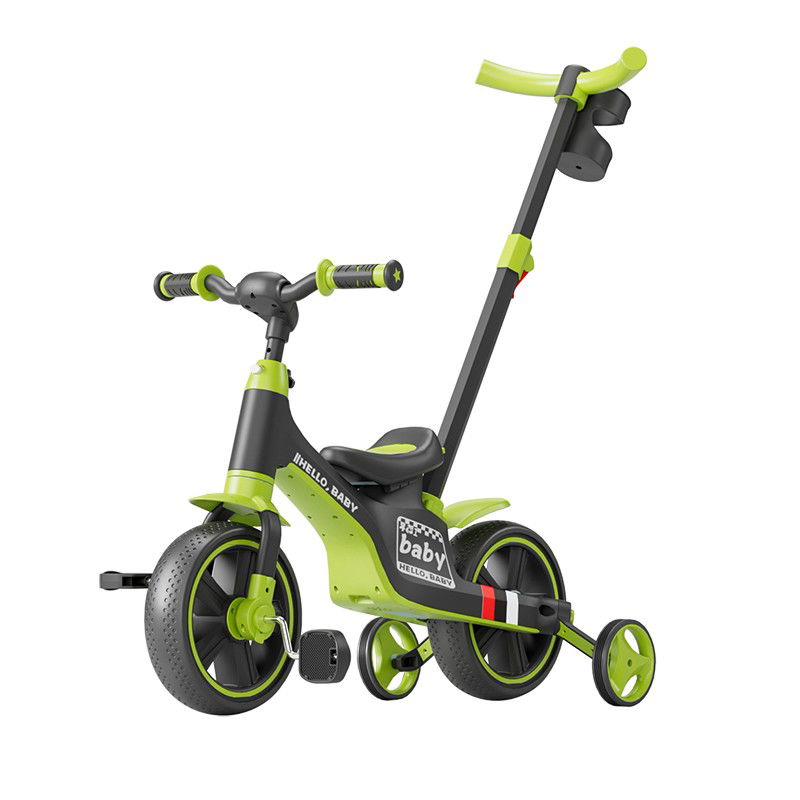 Triciclete - Bicicleta Multifunctionala pentru Copii, Flippy, 3 in 1 Bicicleta Troller Tricicleta, 2-6 ani, cu Roti Auxiliare, Ghidon si Scaun Reglabil, 93 x 78 x 43 cm, Negru Verde