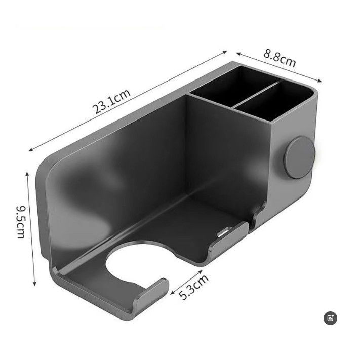 Pentru casa - Suport de Baie, Flippy, pentru Uscator de Par, cu Organizator Dublu, din Plastic, Aplicare cu Suport Adeziv, 23 x 8.8 x 9.5 cm, Gri