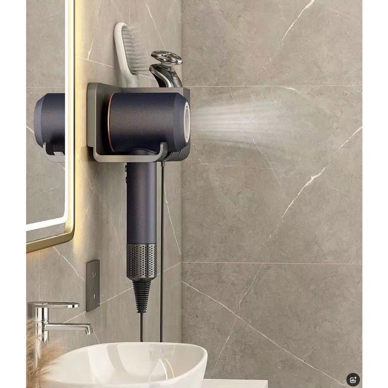 Suport de Baie, Flippy, pentru Uscator de Par, cu Organizator Dublu, din Plastic, Aplicare cu Suport Adeziv, 23 x 8.8 x 9.5 cm, Gri [4]