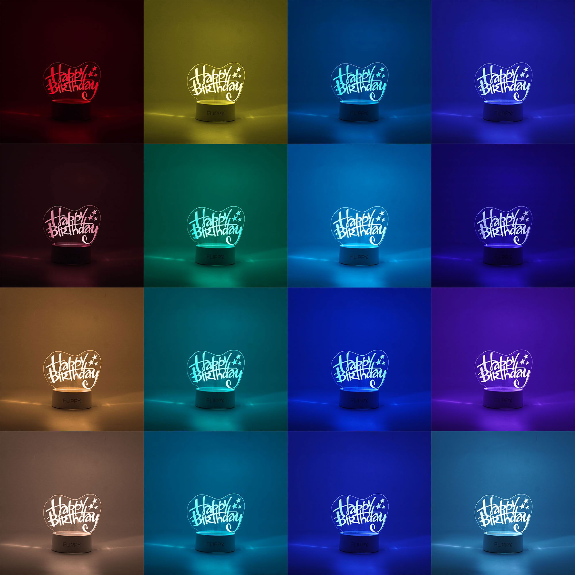 Lampi de veghe - Lampa LED decorativa, Flippy, 3D, Happy Birthday, cu USB si baterii, 20 cm inaltime, din material acril, lumina multicolora si telecomanda inclusa, alb