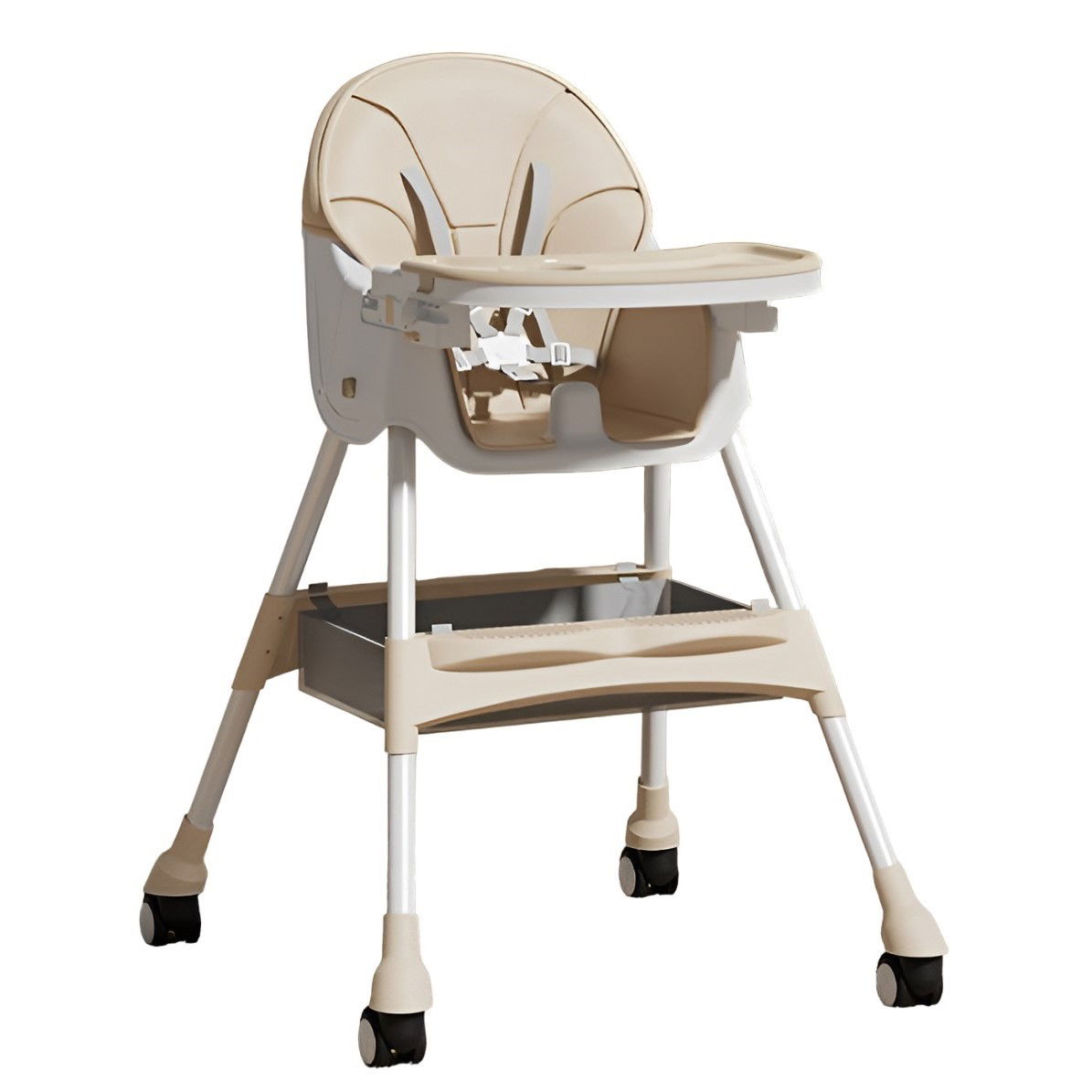 Scaune de masa bebe - Scaun de Masa pentru Bebelusi si Copii, Flippy, cu Roti, Telescopic, Pliabil, Masuta Reglabila, Suport Picioare, Scaun cu Invelis Piele Artificiala, Centura Siguranta, Spatiu Depozitare, 97x73x65 cm, 