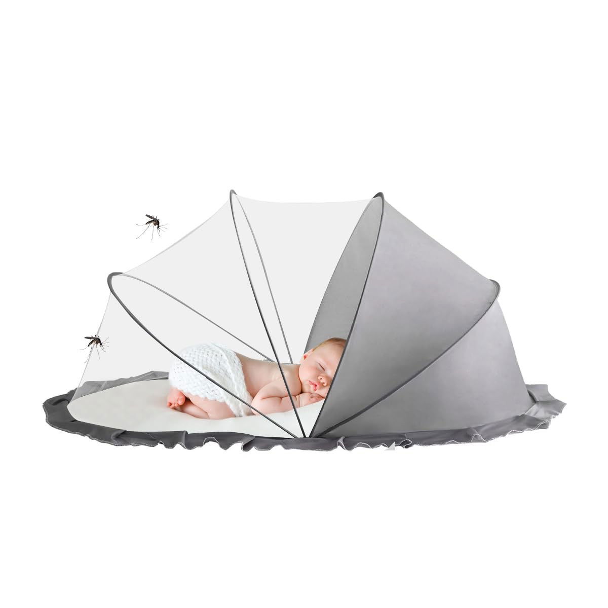 Articole pentru copii - Husa Anti-Tantari, Flippy, Pliabila, Protectie 360 Grade, 0-1 An, 60 x 55 x 5 cm, Gri