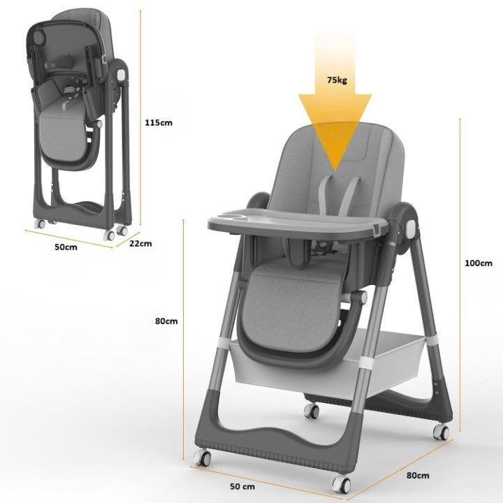 Scaune de masa bebe - Scaun de Masa pentru Bebelusi si Copii, Flippy, 2 Tavite si Husa Detasabile, Multifuncțional, Stabil, Centura de Siguranta, Inaltime Ajustabila, Spatar Reglabil Moale, Cos de Depozitare, 100x50x80cm, 