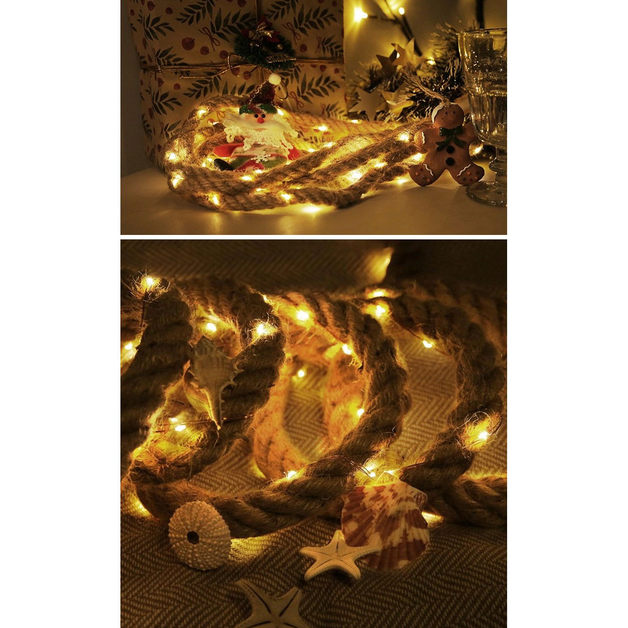 Instalatie Luminoasa, Flippy, cu Fir de Cupru, 2 m, 40 LED-uri, Model Sfoara de Canepa, cu Baterii, IP44, Alb Cald [3]