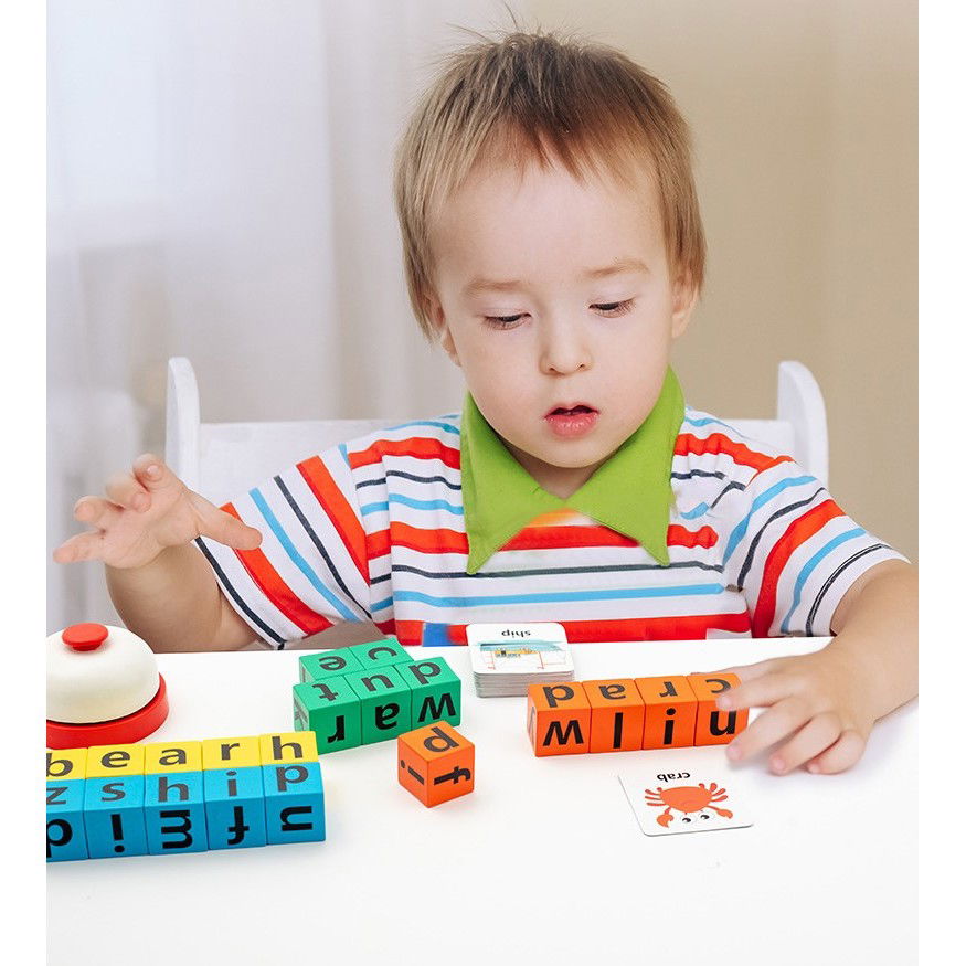 Joc cu Blocuri din Lemn, Flippy, Formare Cuvinte, Cartonase cu Obiecte si Animale, Clopotel, Joc pentru 4 Persoane, 3 Ani+, 28x15.5x5 cm, Multicolor [14]