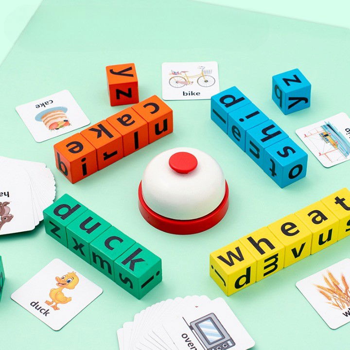 Joc cu Blocuri din Lemn, Flippy, Formare Cuvinte, Cartonase cu Obiecte si Animale, Clopotel, Joc pentru 4 Persoane, 3 Ani+, 28x15.5x5 cm, Multicolor [7]
