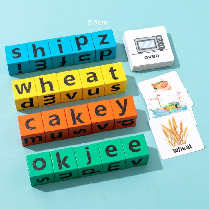 Joc cu Blocuri din Lemn, Flippy, Formare Cuvinte, Cartonase cu Obiecte si Animale, Clopotel, Joc pentru 4 Persoane, 3 Ani+, 28x15.5x5 cm, Multicolor [4]