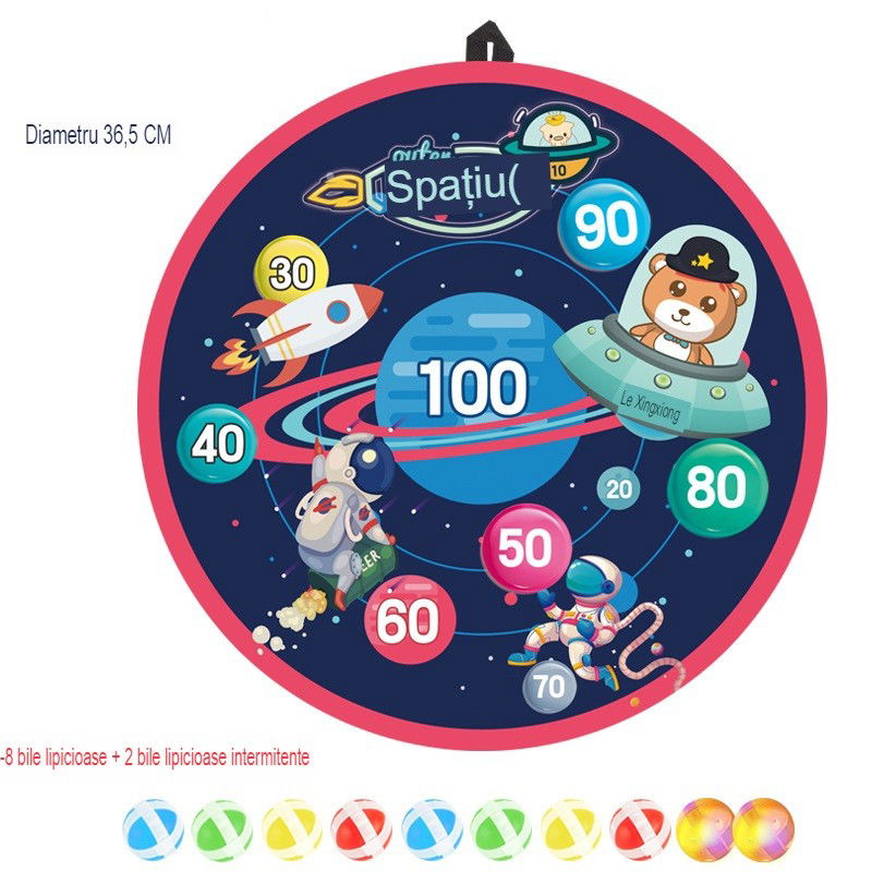 Joc Darts Flippy pentru Copii, Placa Pliabila 36.5 cm, 8 Mingii Velcro/Scai Simple, 2 Mingii Luminoase, Model Spatiu, Albastru [4]