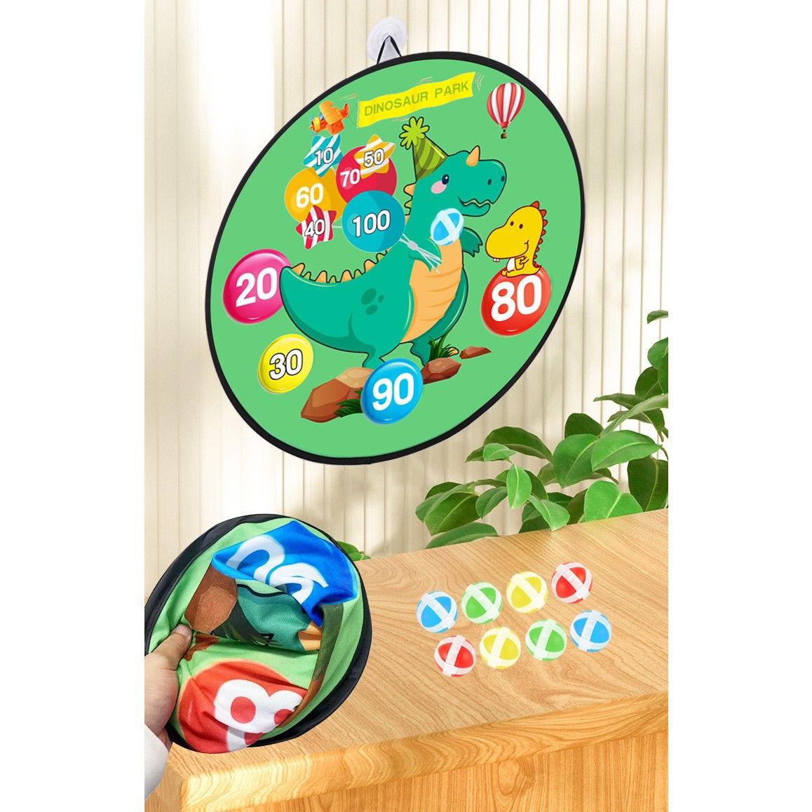 Joc Darts Flippy pentru Copii, Placa Pliabila 36.5 cm, 8 Mingii Velcro/Scai Simple, 2 Mingii Luminoase, Model Dinozaur Park, Verde [3]