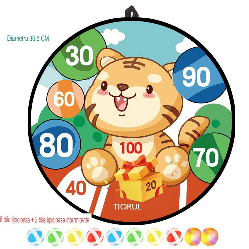 Joc Darts Flippy pentru Copii, Placa Pliabila 36.5 cm, 8 Mingii Velcro/Scai Simple, 2 Mingii Luminoase, Model Tigru, Portocaliu [3]