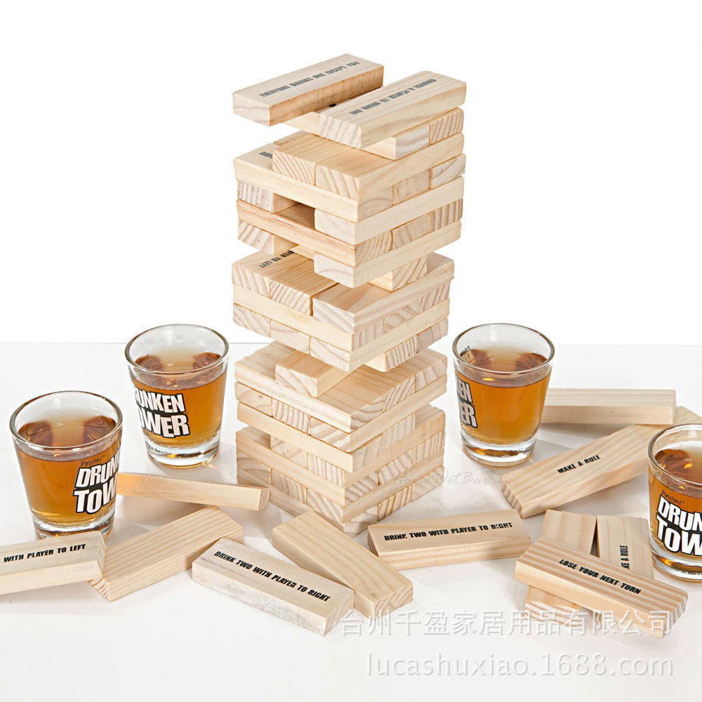 Joc de Baut Jenga Flippy, Turnul Betivului din Lemn, Piese cu Provocari, Pahare de Shot din Sticla Incluse, 19 x 7 x 20 cm [6]