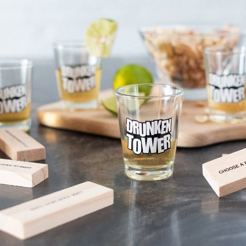 Joc de Baut Jenga Flippy, Turnul Betivului din Lemn, Piese cu Provocari, Pahare de Shot din Sticla Incluse, 19 x 7 x 20 cm [5]