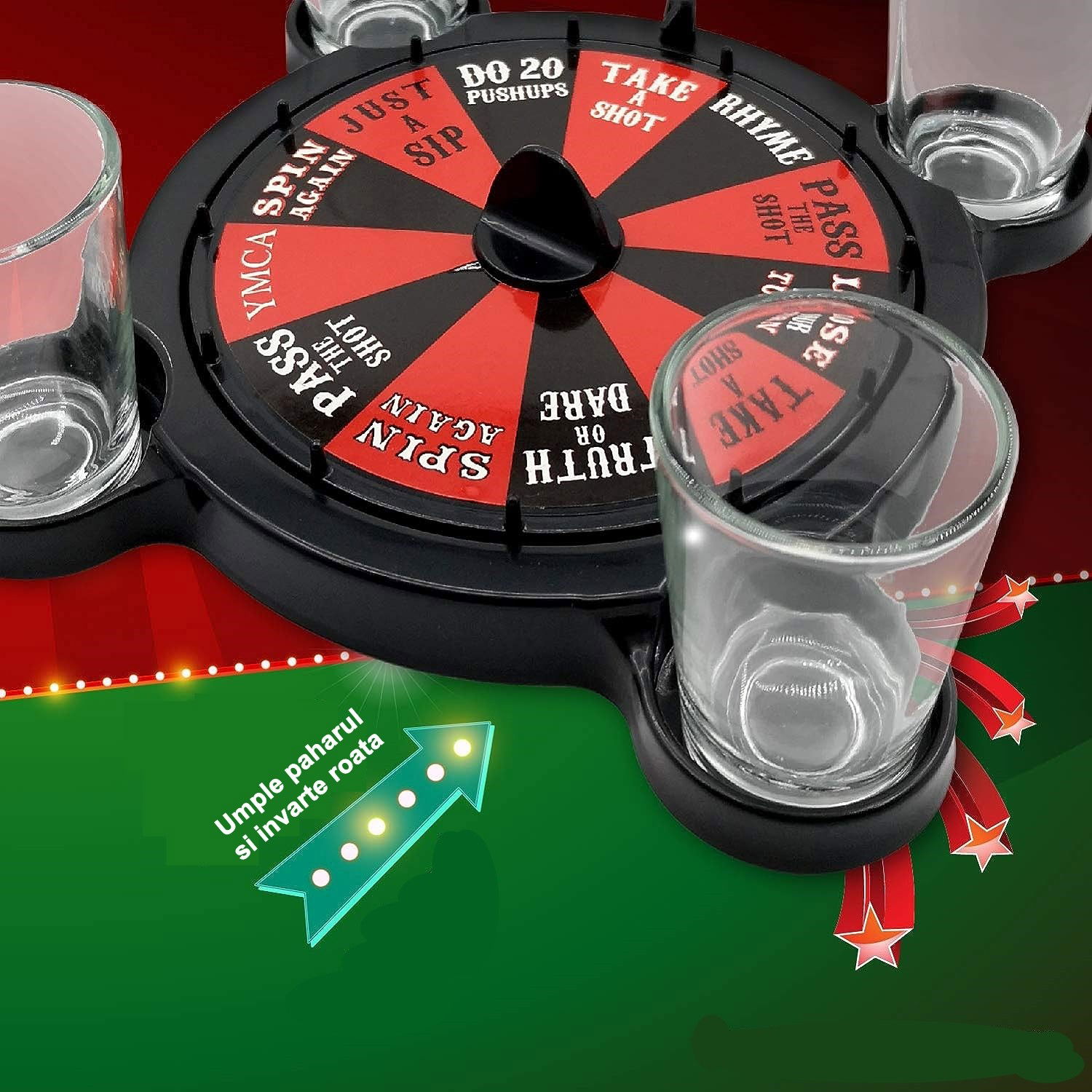 Joc de Baut Ruleta cu Pahare de Shot Flippy, 15 x 16.5 cm, Rosu/Negru [4]