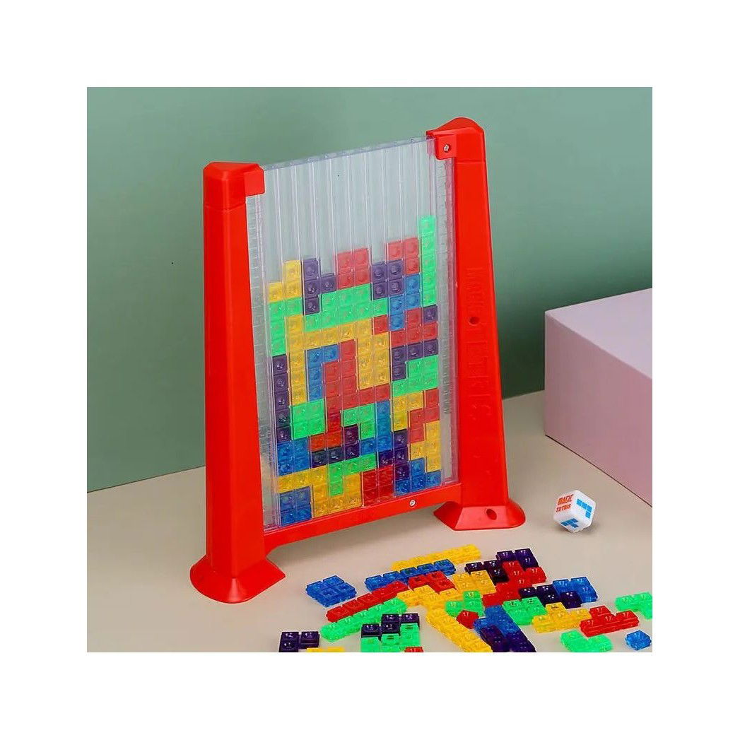 Joc de inteligenta Tetris puzzle tangram Flippy, 70 de piese multicolore, 3D, montessori, interactiv, din plastic, zar inclus, sac depozitare piese, varsta peste 6 ani, 23 x 19.8 x 5 cm, cadru rosu [7]