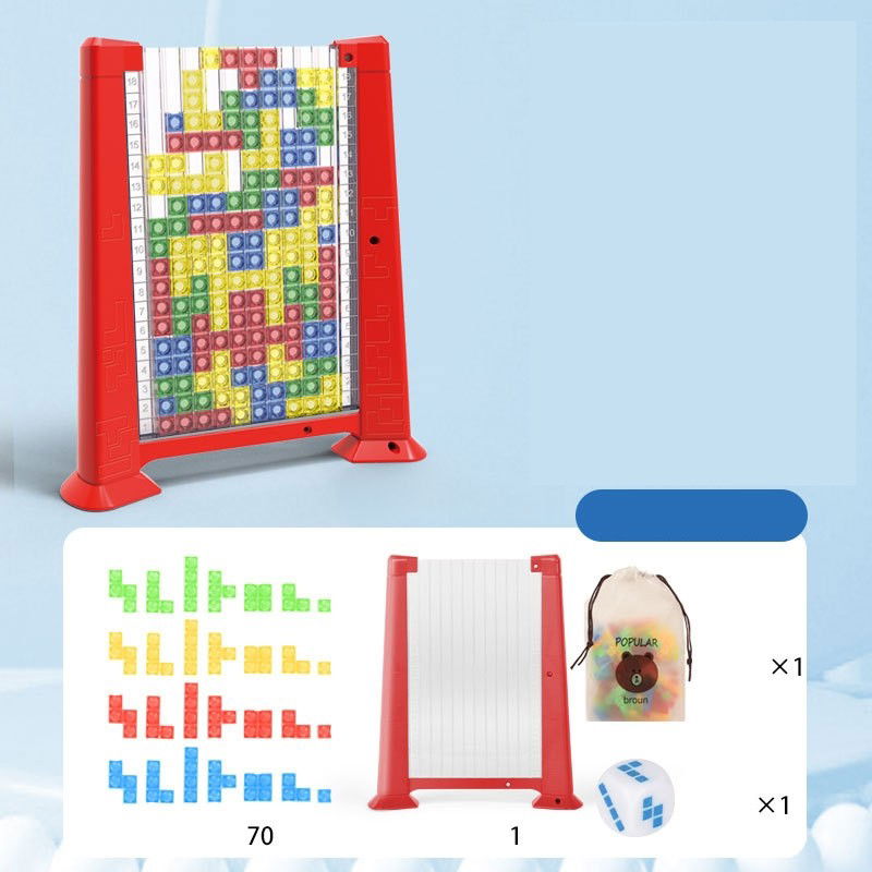 Joc de inteligenta Tetris puzzle tangram Flippy, 70 de piese multicolore, 3D, montessori, interactiv, din plastic, zar inclus, sac depozitare piese, varsta peste 6 ani, 23 x 19.8 x 5 cm, cadru rosu [3]