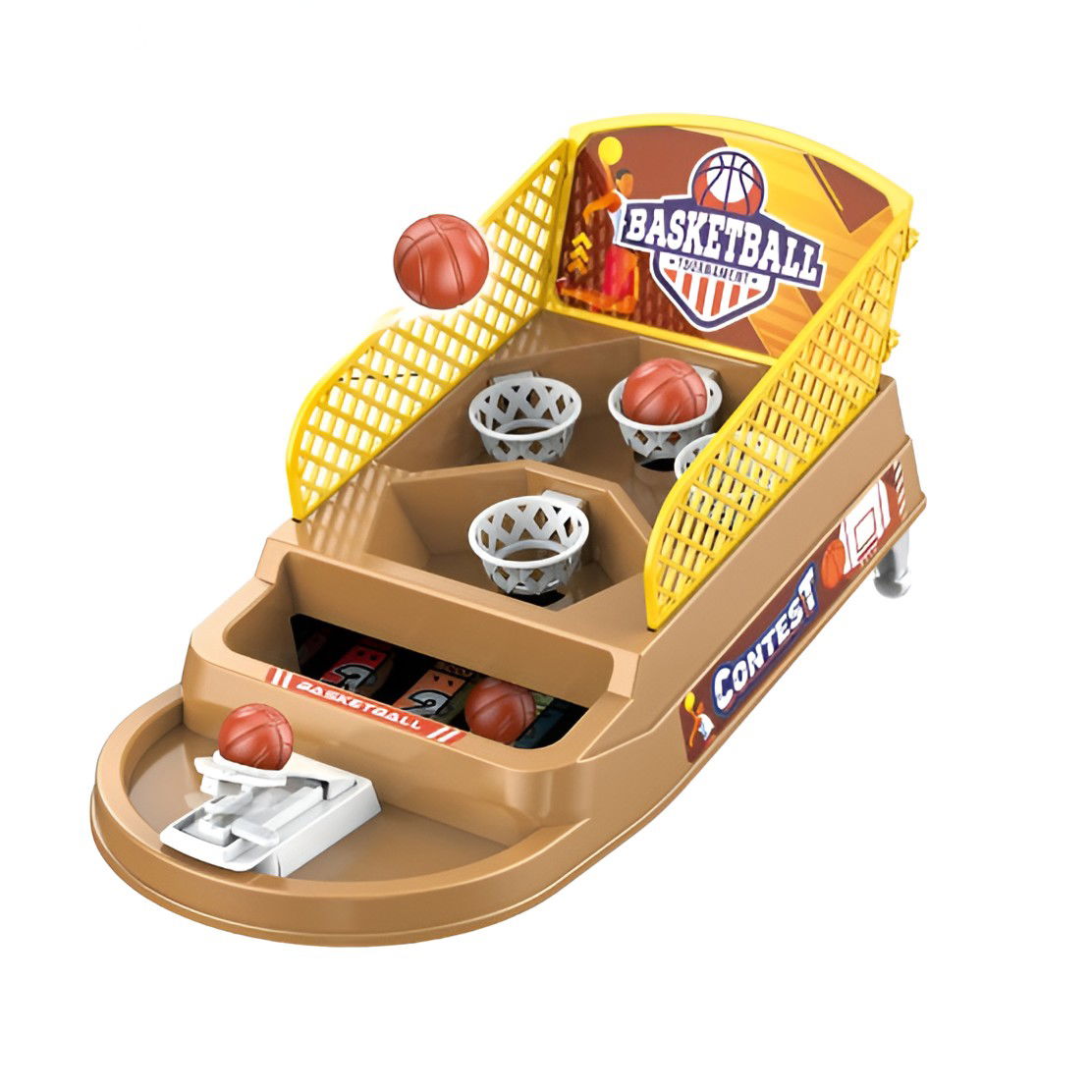 10 - 25 LEI - Joc de Masa Mini Baschet Interactiv pentru Copii, Flippy, 4 Cosuri, 3 Mingi Incluse, 23.5x11.5x14 cm, Maro