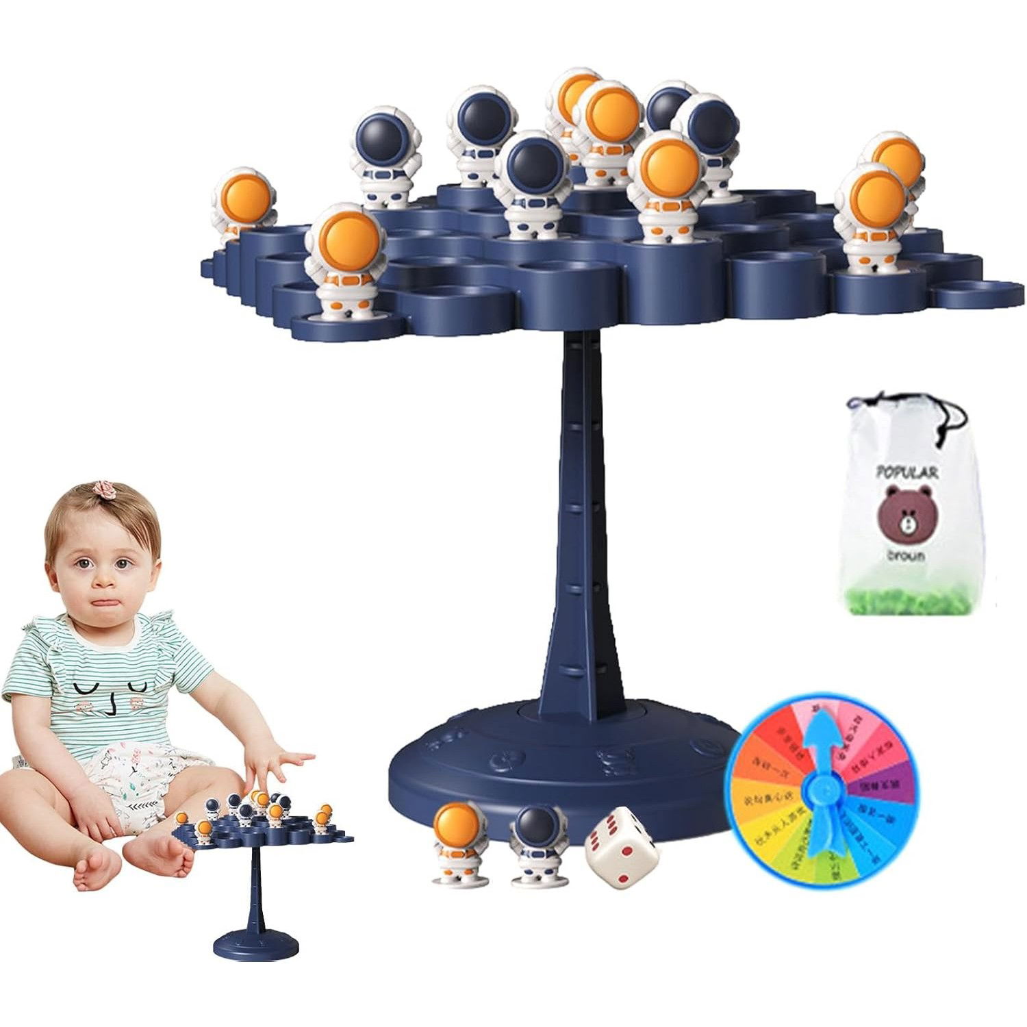 Jocuri de societate - Joc Interactiv, Flippy, Astronauti in Echilibru, +3 Ani, din Plastic, 50 de Pioni, Placa de Echilibru, Roata cu Pedepse, Zar, 14 x 7 x 14 cm, Albastru