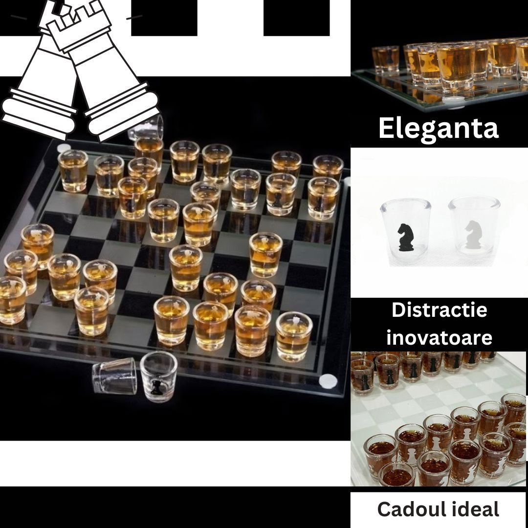 Jocuri de societate - Joc de sah Flippy din sticla cu pahare pentru shoturi, 35x35 cm, transparent