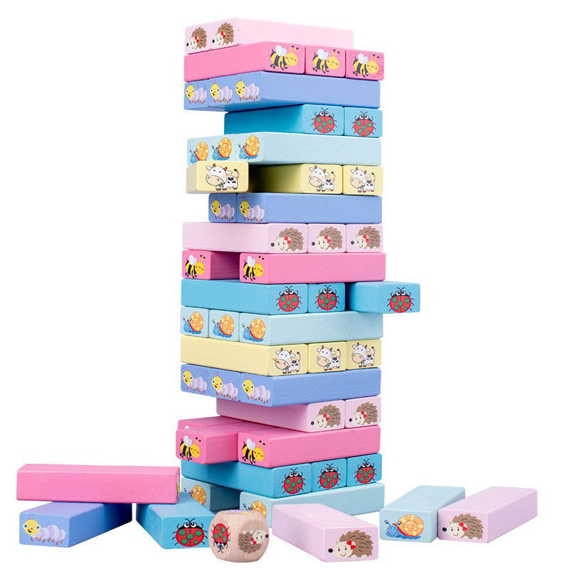 Jucarii interactive - Joc de Societate, Flippy, pentru Copii, din Lemn, Interactiv, Distractiv, Jenga Stack High Blocks, cu Zar, 51 de Piese Animate, 24.5x18x5 cm, Multicolor