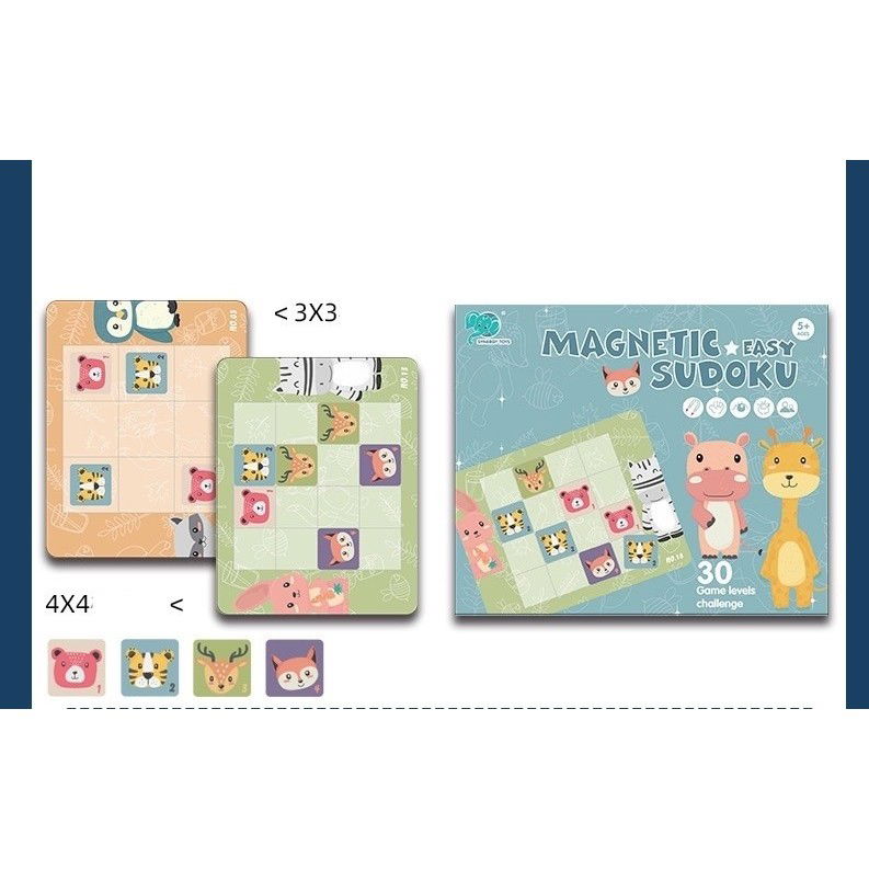 Joc educativ Sudoku cu tablita magnetica, 32 de piese, cartonase cu animale, Verde [14]