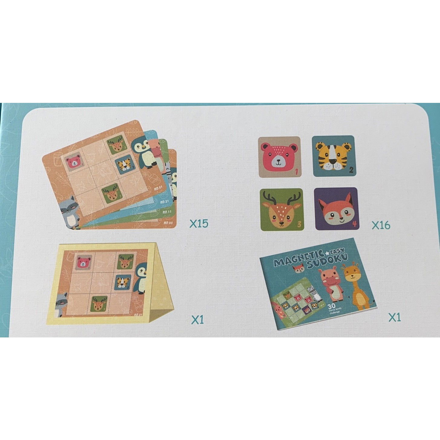 Joc educativ Sudoku cu tablita magnetica, 32 de piese, cartonase cu animale, Verde [6]