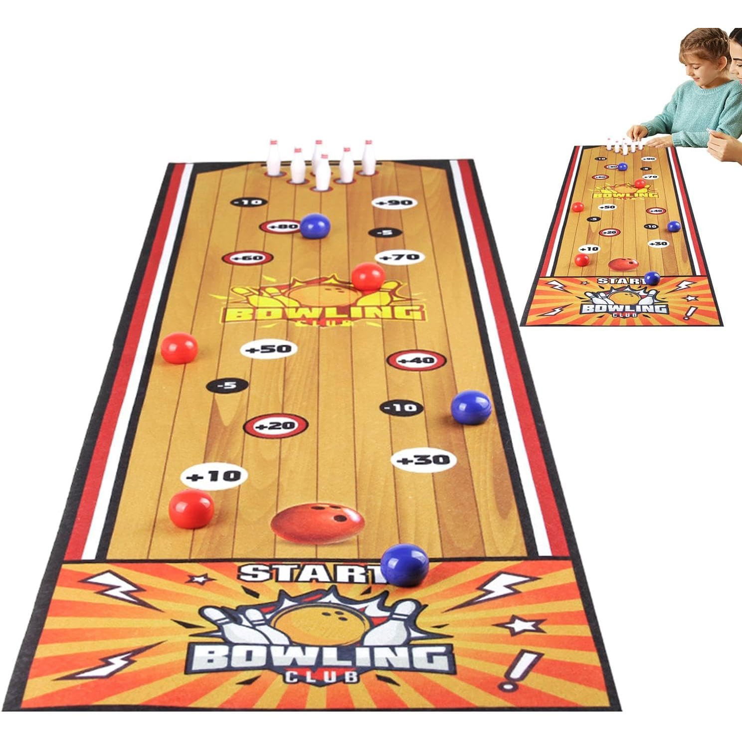 Jocuri de societate - Joc Interactiv, Flippy, Covor de Bowling 90 x 20 cm, 1-4 Jucatori, +5 Ani, 6 Mingi Incluse, 6 Popice, Galben