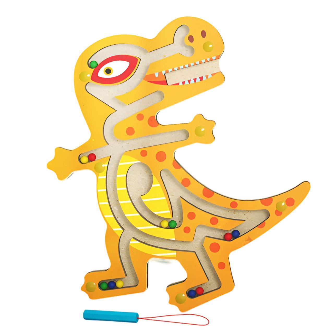 Jucarii - Joc Montessori cu Bile, Flippy, Creion Magnetic, Tip Labirint, din Lemn, Model Tiranozaur, 21x18 cm, Portocaliu