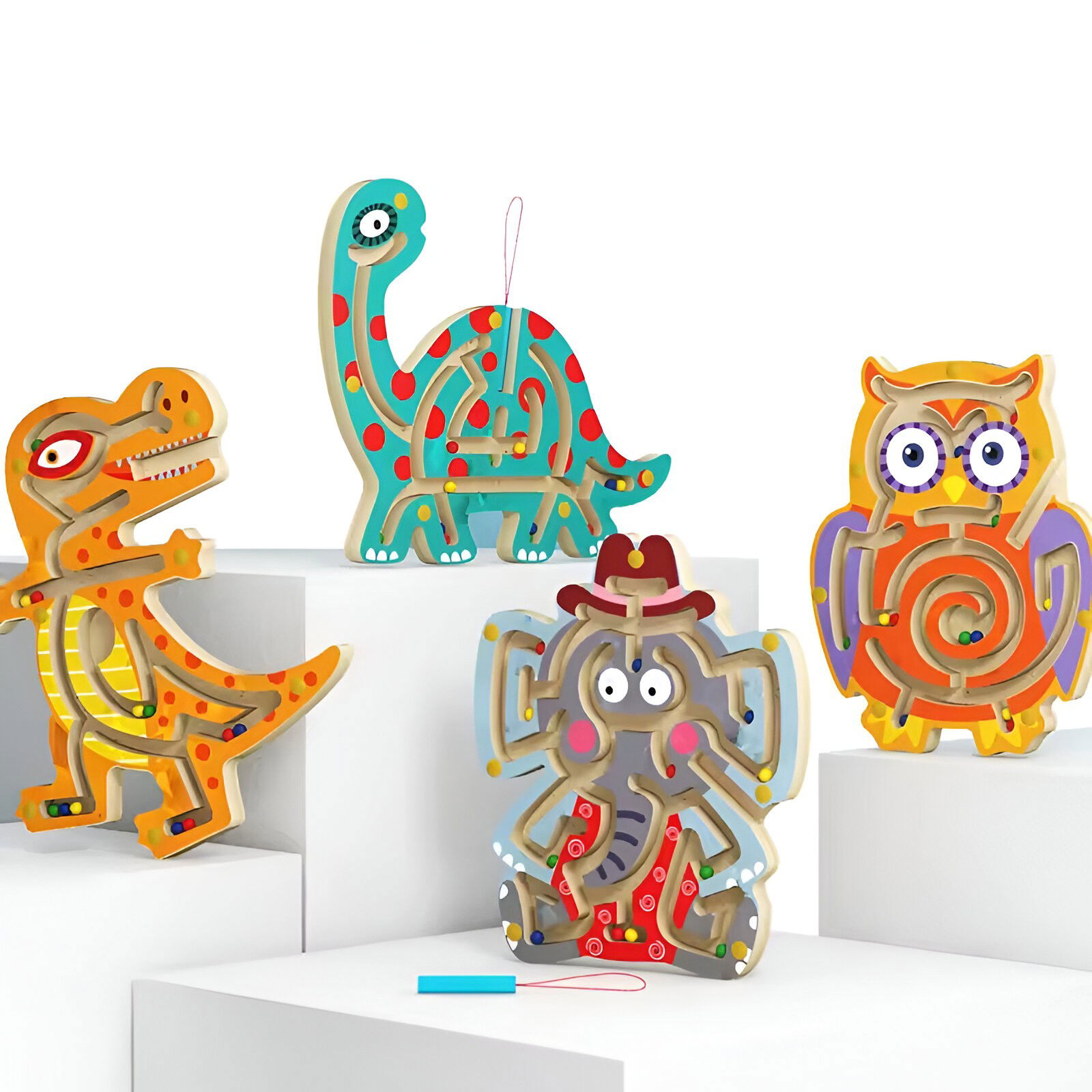 Jucarii din lemn - Joc Montessori cu Bile, Flippy, Creion Magnetic, Tip Labirint, din Lemn, Model Tiranozaur, 21x18 cm, Portocaliu