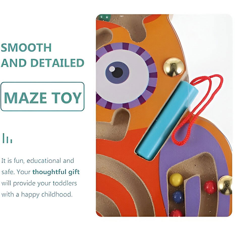 Joc Montessori cu Bile, Flippy, Creion Magnetic, Tip Labirint, din Lemn, Model Bufnita, 18.5x17.5 cm, Portocaliu-Mov [4]