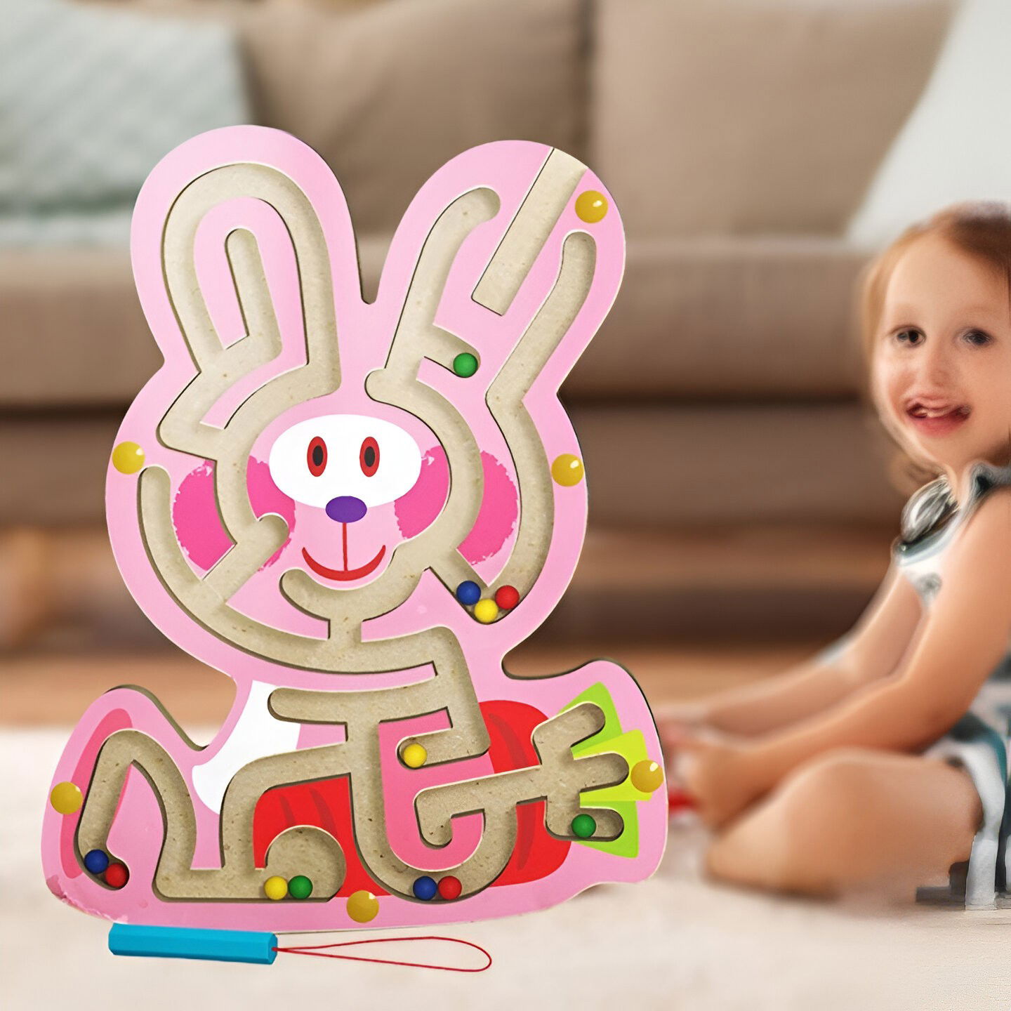 Joc Montessori cu Bile, Flippy, Creion Magnetic, Tip Labirint, din Lemn, Model Iepuras, 19.5x15.5 cm, Roz [3]