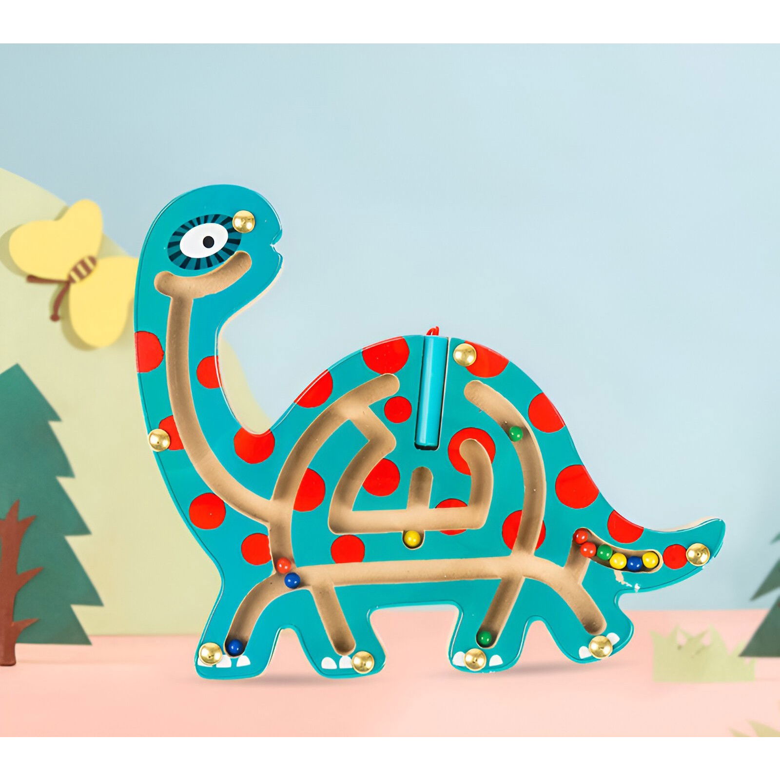 Joc Montessori cu Bile, Flippy, Creion Magnetic, Tip Labirint, din Lemn, Model Brontozaur, 18x21 cm, Verde [4]