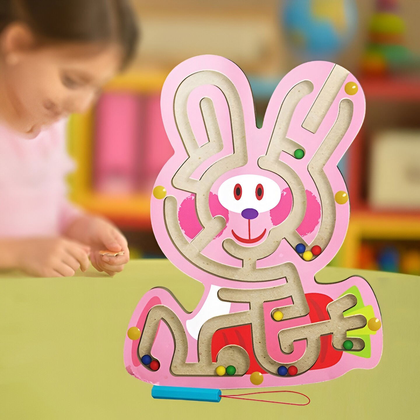 Joc Montessori cu Bile, Flippy, Creion Magnetic, Tip Labirint, din Lemn, Model Iepuras, 19.5x15.5 cm, Roz [4]