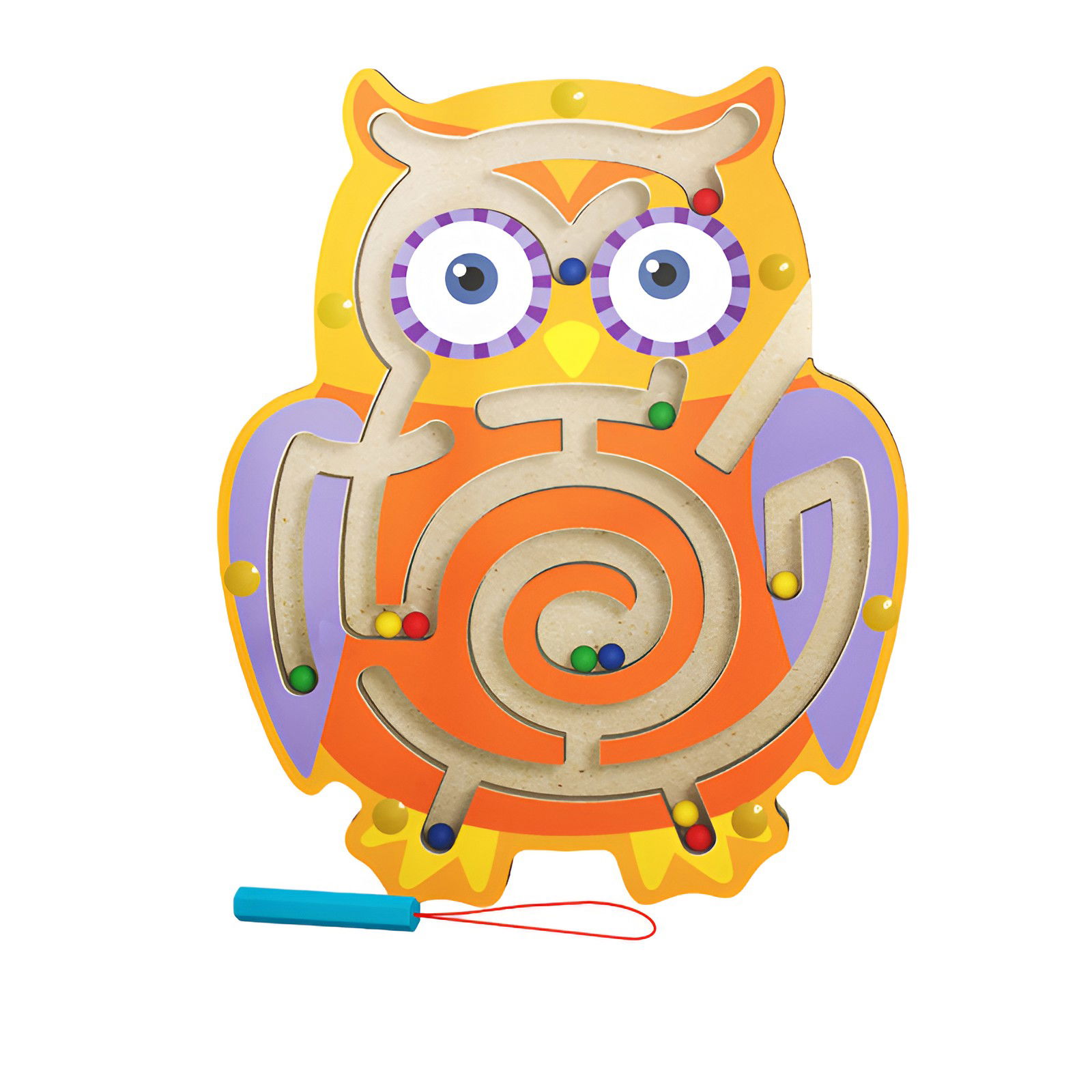 Jucarii din lemn - Joc Montessori cu Bile, Flippy, Creion Magnetic, Tip Labirint, din Lemn, Model Bufnita, 18.5x17.5 cm, Portocaliu-Mov