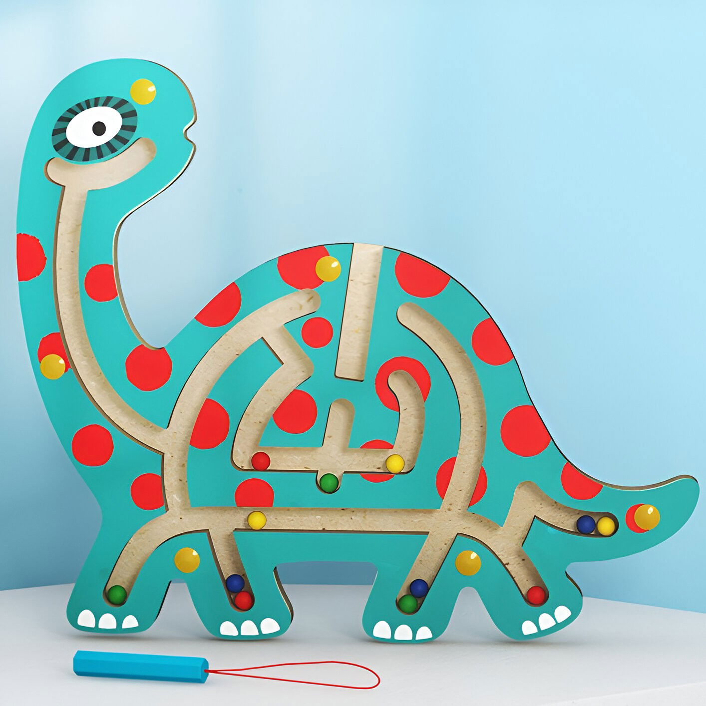 Joc Montessori cu Bile, Flippy, Creion Magnetic, Tip Labirint, din Lemn, Model Brontozaur, 18x21 cm, Verde [3]
