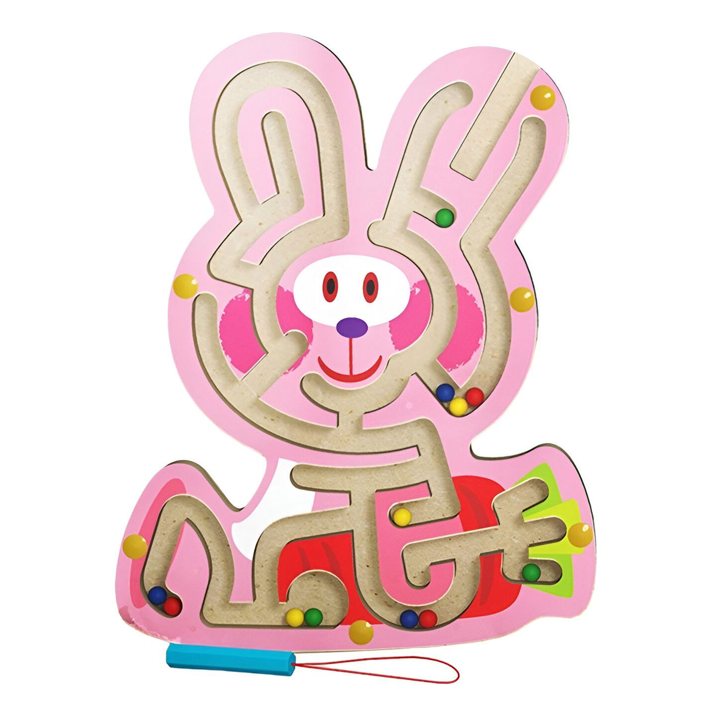 Jucarii - Joc Montessori cu Bile, Flippy, Creion Magnetic, Tip Labirint, din Lemn, Model Iepuras, 19.5x15.5 cm, Roz