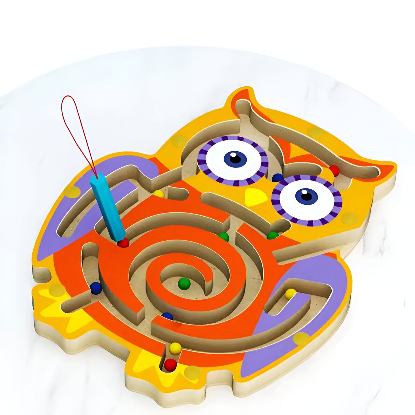 Joc Montessori cu Bile, Flippy, Creion Magnetic, Tip Labirint, din Lemn, Model Bufnita, 18.5x17.5 cm, Portocaliu-Mov [9]