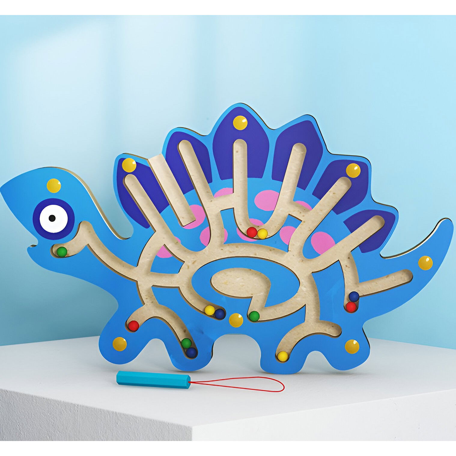 Jucarii - Joc Montessori cu Bile, Flippy, Creion Magnetic, Tip Labirint, din Lemn, Model Stegozaur, 25x15.5 cm, Albastru