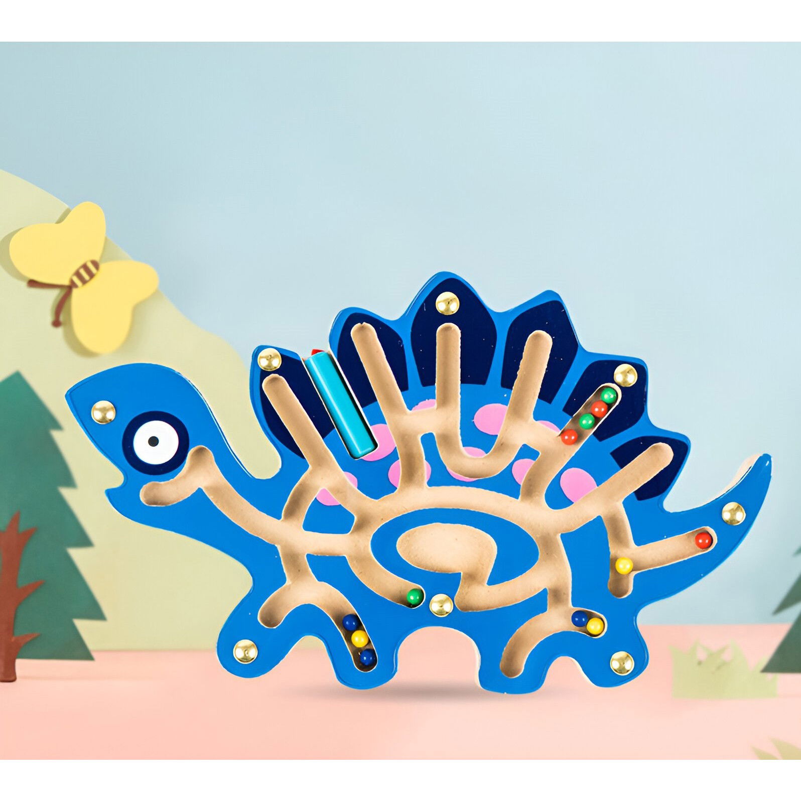 Joc Montessori cu Bile, Flippy, Creion Magnetic, Tip Labirint, din Lemn, Model Stegozaur, 25x15.5 cm, Albastru [3]