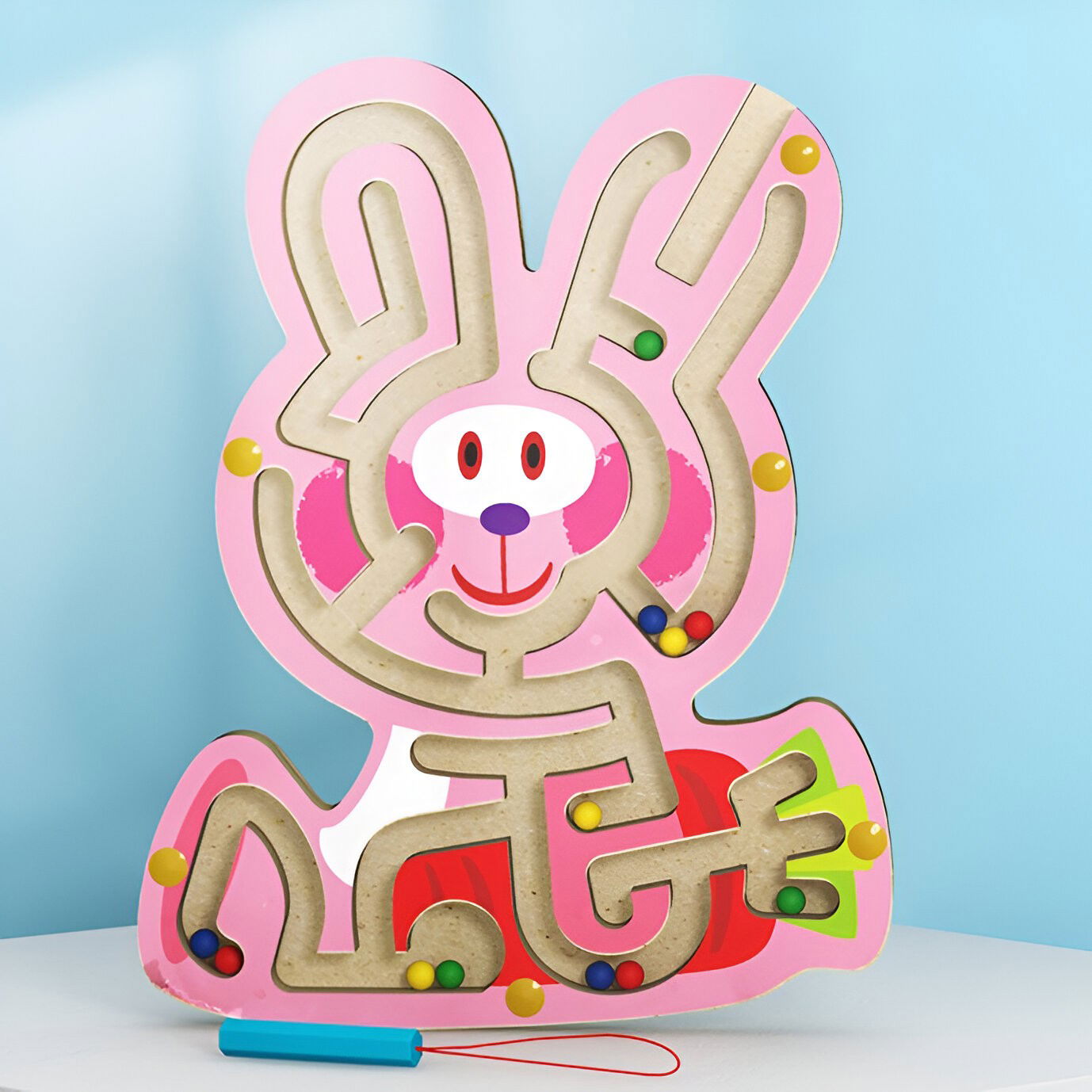 Jucarii - Joc Montessori cu Bile, Flippy, Creion Magnetic, Tip Labirint, din Lemn, Model Iepuras, 19.5x15.5 cm, Roz